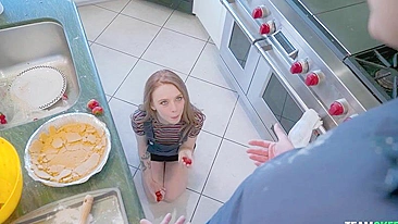 Petite minx pleases tall stepbrother with XXX blowjob in kitchen