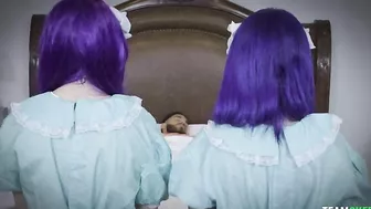 Purple-haired bitches team up to worship one XXX cock and lick balls