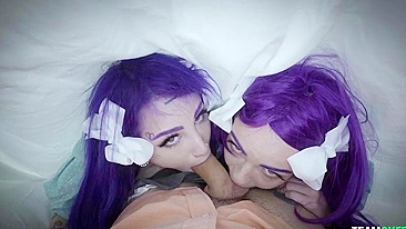 Purple-haired bitches team up to worship one XXX cock and lick balls