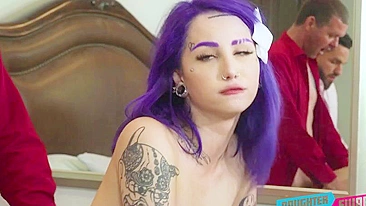 Purple-haired minx and her skinny bestie banged on bed in XXX doggy