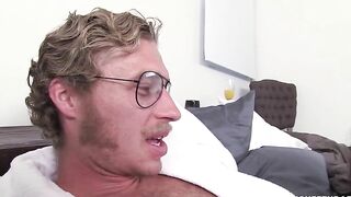 Busty mom with glasses sucks lover's XXX dong and licks his balls