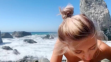 Blonde cutie takes panties off to ride XXX phallus on the beach