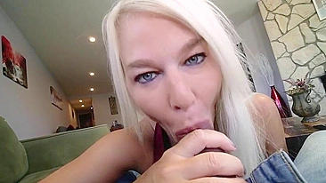 Stunning blonde mom demonstrating her XXX blowjob skills in POV