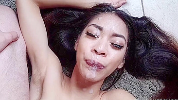 Filthy XXX facial is what adorable brunette gets after giving head