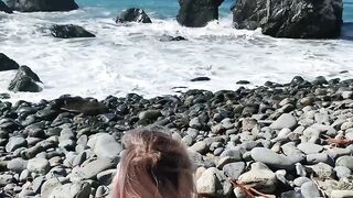 Sexy blonde with big XXX tits puts jeans off to fuck on the beach