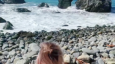 Sexy blonde with big XXX tits puts jeans off to fuck on the beach