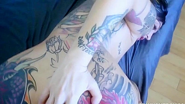 Man sticks dick into moist XXX twat of the horny inked slut in POV