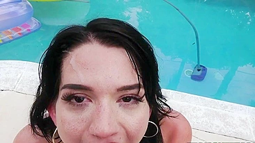 Bitch gets facialized and tastes hot XXX spunk in POV by the pool