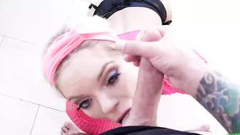 Filthy blonde licks XXX cum from gloves after getting facialized