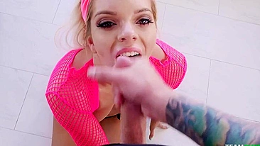 Filthy blonde licks XXX cum from gloves after getting facialized