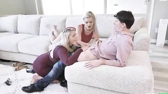 Blondes in slinky dresses take the guy's pants off to suck XXX dick