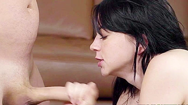 Naked raven-haired babe almost swallows her partner's XXX pecker