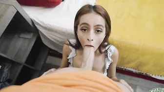 Tiny Latina in cute dress gets on the knees and blows thick XXX dong