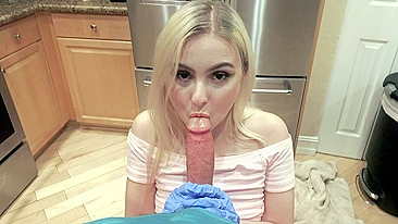 POV clip of attractive blonde maid pleasing the guy with XXX blowjob