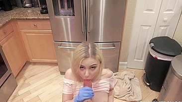 POV clip of attractive blonde maid pleasing the guy with XXX blowjob