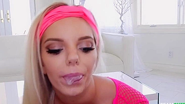 Blonde hottie in pink fishnet outfit gives sloppy XXX blowjob on POV