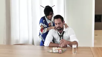 Horny male licks yummy XXX pussy of Asian girlfriend on the table