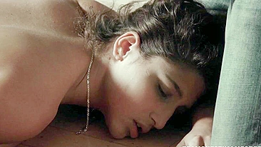 Naked big-assed slut gags on XXX dong before anal sex on the floor