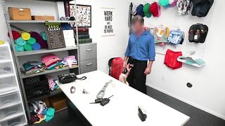 Busty ginger XXX shoplifter gets on the knees to blow security guard