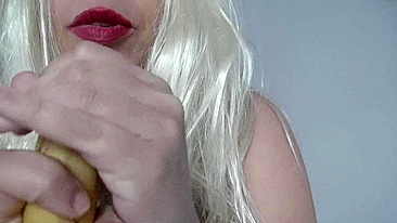 Playful blonde Arab mom seductively worships XXX banana in ASMR video