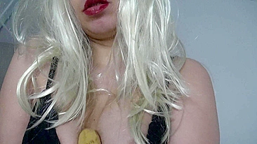 Playful blonde Arab mom seductively worships XXX banana in ASMR video