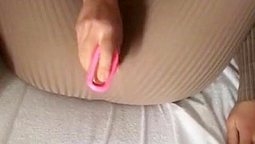 Iraqi mom is happy with pink XXX toy caressing pussy through pants