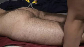 Dominating Moroccan XXX mom cuts hair on submissive husband's ass