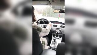 Lustful man jerks off his XXX dick to the female driver in the car