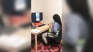 Lebanese in hijab shows XXX tits on webcam with black dude at home