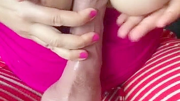 Lebanese mom plays with huge XXX toy and rubs it against her nipples