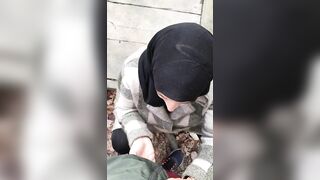 Shy Syrian mom in hijab is coerced into a XXX blowjob in the woods