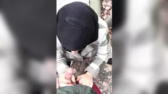 Shy Syrian mom in hijab is coerced into a XXX blowjob in the woods