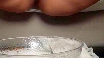 Lovely Arab mom masturbates snatch to XXX squirt in a glass bowl