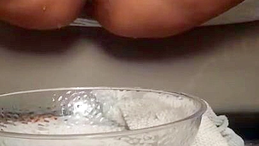 Lovely Arab mom masturbates snatch to XXX squirt in a glass bowl