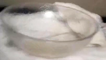 Lovely Arab mom masturbates snatch to XXX squirt in a glass bowl