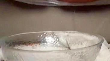 Lovely Arab mom masturbates snatch to XXX squirt in a glass bowl