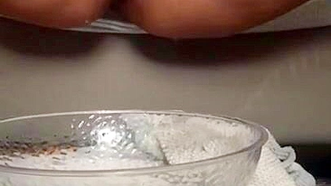 Lovely Arab mom masturbates snatch to XXX squirt in a glass bowl