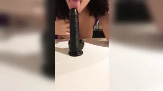 Irani mom has oral XXX sex with big black sex toy stuck to a table