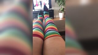 Egyptian mom in striped stockings and high heels shows thighs for XXX fetishists