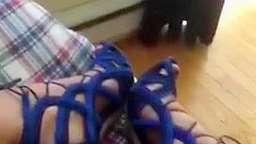 Egyptian mom captures feet in blue high heels and XXX toy she jerks off in bed