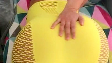 Algerian mom pulls tight yellow dress up a bit to expose XXX shaped ass