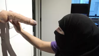 Mom in hijab gives XXX handjob to cumming dildo and enjoys ejaculation