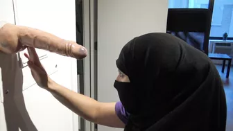 Mom in hijab gives XXX handjob to cumming dildo and enjoys ejaculation