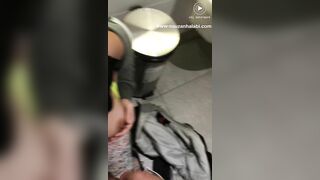 Arabic lassie in hijab strokes lover's XXX dick in public toilet