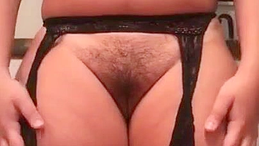 Naked curvy Arab mom in stockings touches her hairy XXX bush on camera