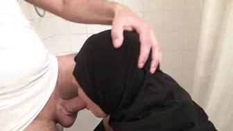 Obedient Arab mom in hijab gags on the huge pecker in the bathroom