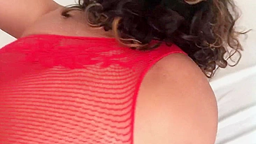 Curvy Arab mom in fishnet bodysuit shows off her ass and sucks dildo