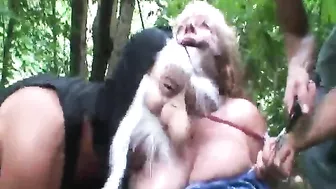 Older grandma gets brutally forced fucked in forest by two ruffians