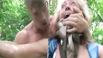 Older grandma gets brutally forced fucked in forest by two ruffians