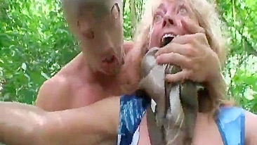 Older grandma gets brutally forced fucked in forest by two ruffians